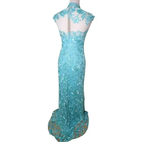 TADASHI SHOJI Embroidered Sheer Lace Mock Neck Gown Aqua 2 NEW